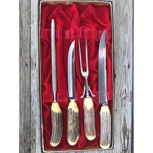 Case Antler Handle Stainless Carving Set 4 Pieces Vintage in Box